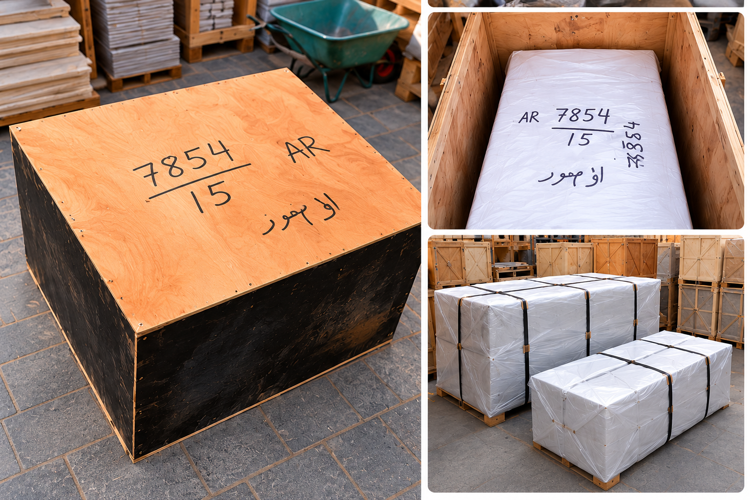 Wooden cargo crate and furniture items protected with plastic wrapping and straps for shipment from Deira, Dubai, to Lahore, Pakistan.