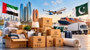 Household items, clothes, furniture and personal belongings prepared for cargo shipping from UAE to Pakistan