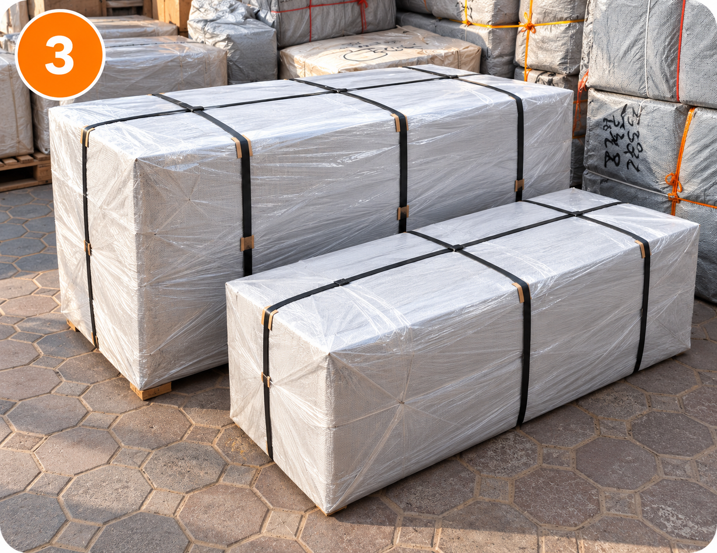 Furniture cargo wrapped in protective plastic and secured with straps for shipping from Deira, Dubai, to Lahore, Pakistan.