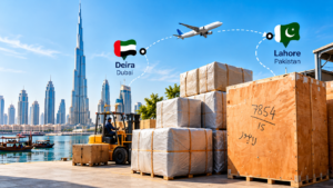 Furniture cargo shipment from Deira Dubai to Lahore Pakistan with wooden crates and wrapped cargo